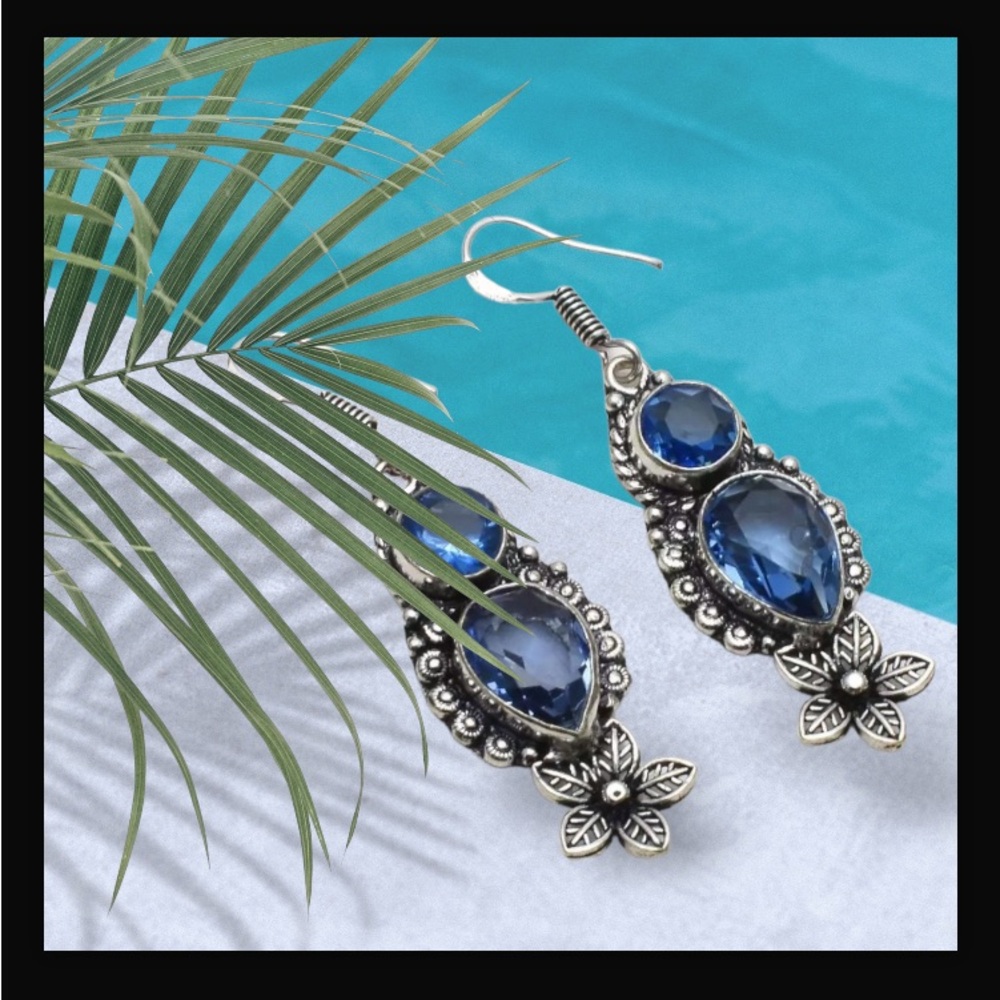 Blue Topaz Handcrafted Long Drop Dangle Earrings 2.08" Made In India New W Tags - Picture 5 of 12